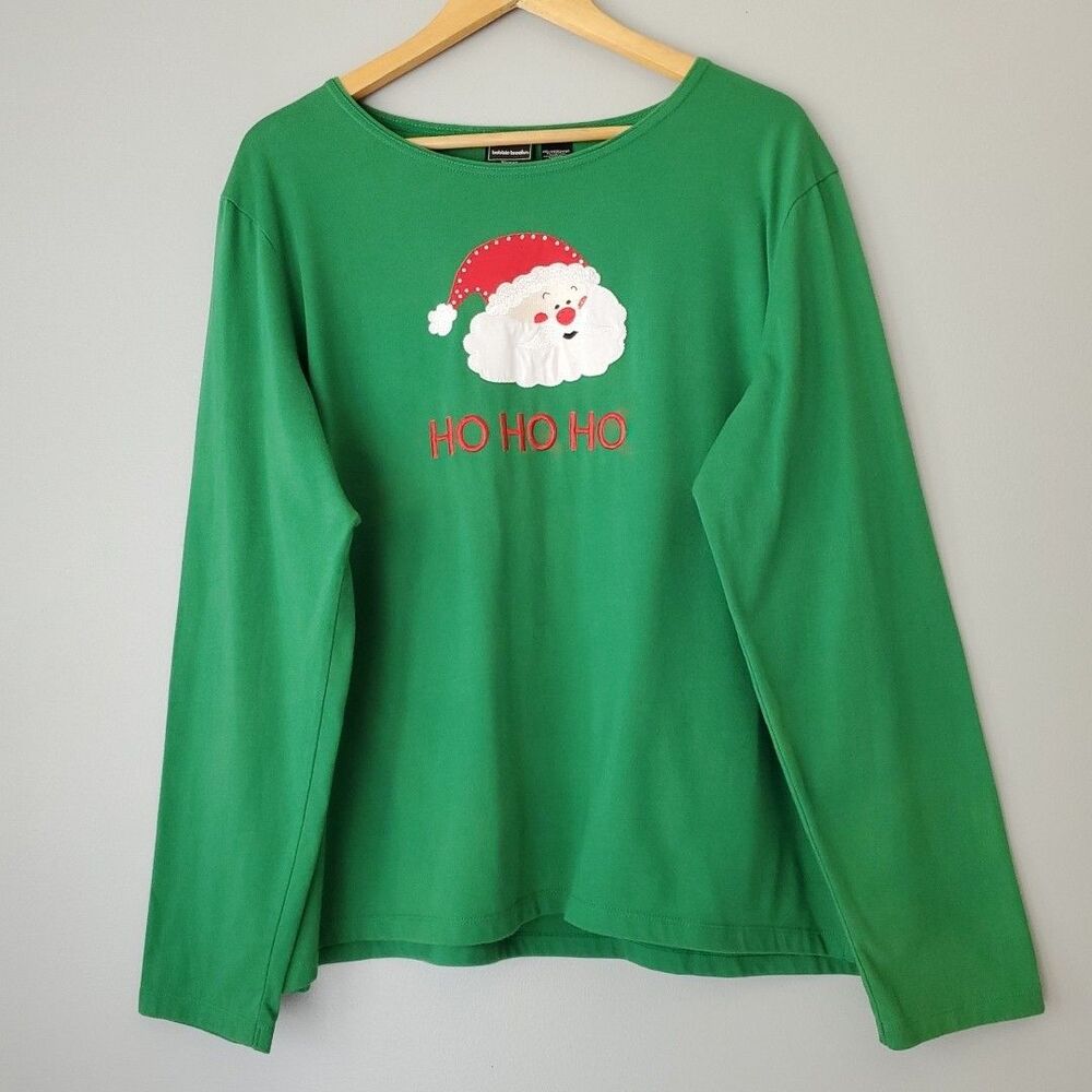 Bobbie Brooks Green Long Sleeve Santa Claus Ho Ho Ho Bling Tee Shirt Womens XL